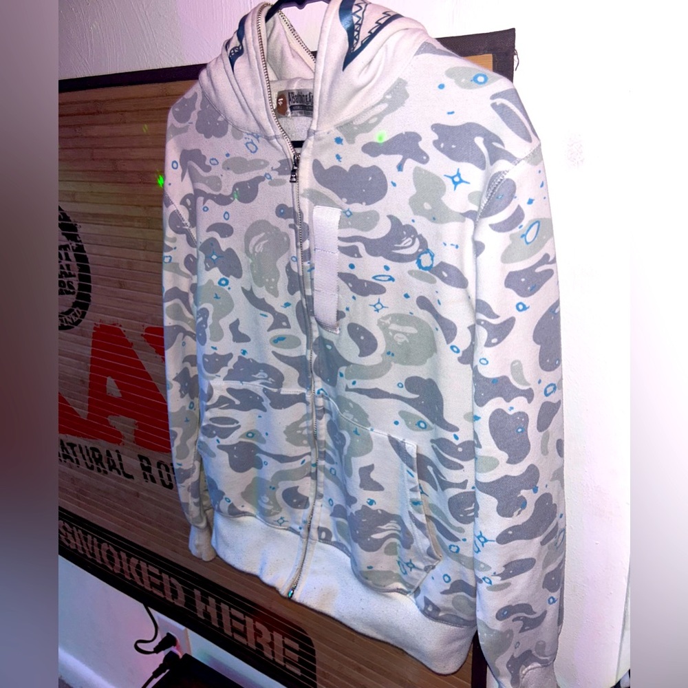 White camo bape shark zip up
